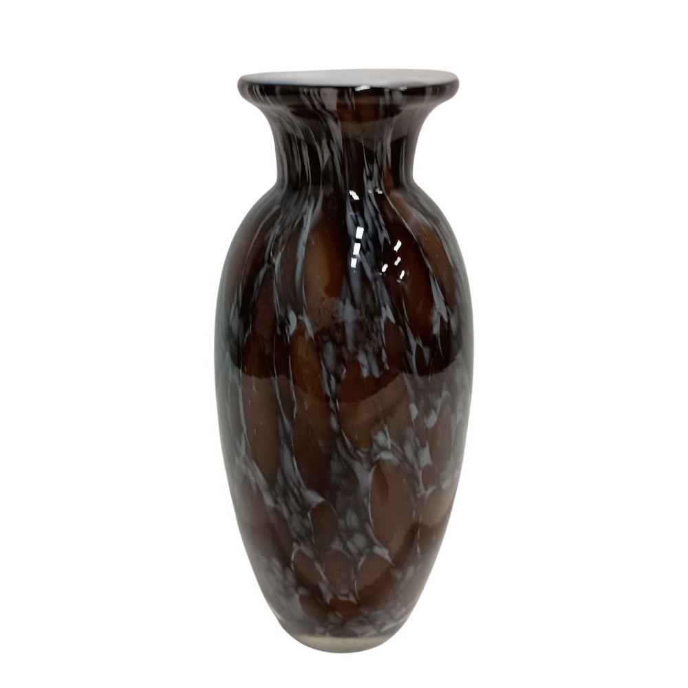 Vintage Art Glass Vase Hand Blown Tortoise Shell MCM Brown White Swirl 8.5"‎